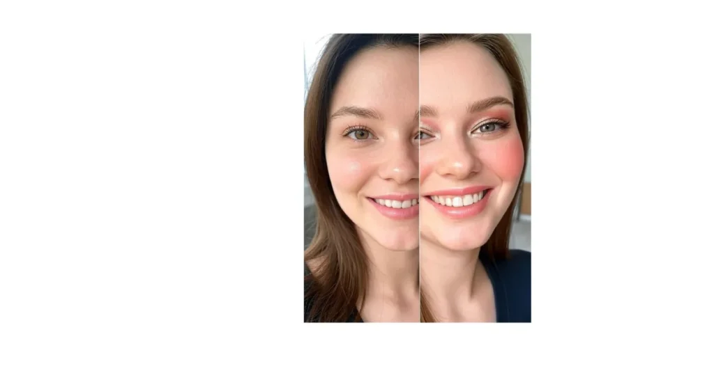 Two-side-by-side-photos-of-a-woman-with-long-brown-hair,-one-with-natural-makeup-and-the-other-with-bold-makeup-including-pink-blush-and-eye-shadow,-edit-selfies-with-YouCam-Perfect.