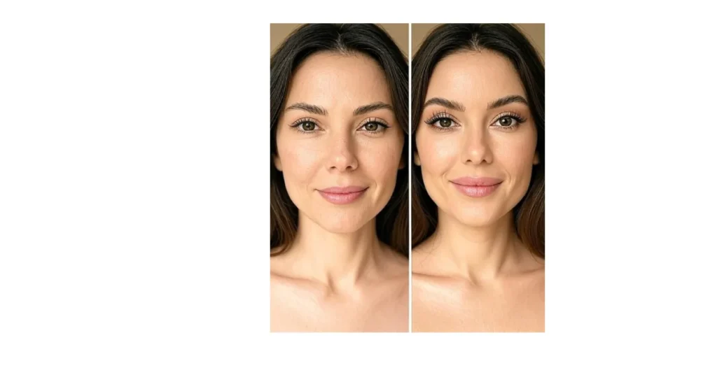 Two-side-by-side-photos-of-a-woman-with-long-brown-hair,-one-with-natural-makeup-and-the-other-with-enhanced-eyes-and-lips.