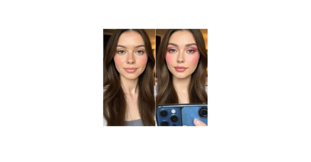 Two-side-by-side-photos-of-a-woman-with-long-brown-hair,-one-with-natural-makeup-and-the-other-with-bold-makeup-including-pink-blush-and-eye-shadow,-edit-selfies-with-YouCam-Perfect.