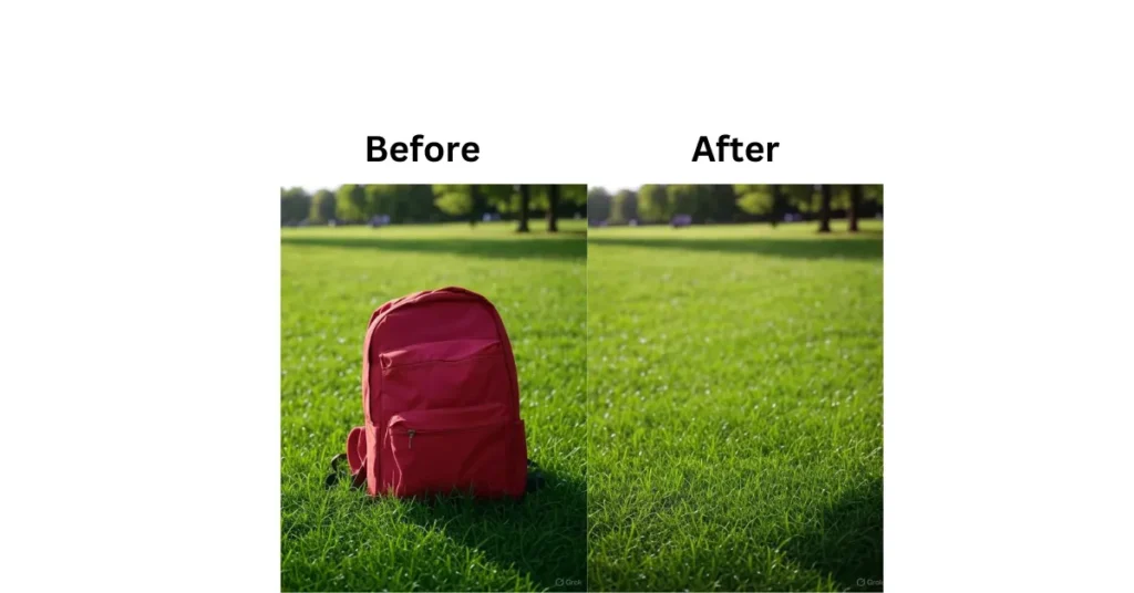 A side-by-side comparison image labeled "Before" and "After."shows remove objects from photos. The "Before" section shows a red backpack placed on green grass in a park with trees in the background. The "After" section shows the same scene with the backpack removed, leaving only the grass and trees.