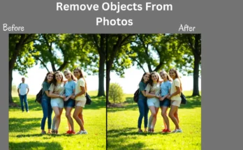 A-before-and-after-photo-showing-object-removal-from-a-group-photo-in-a-park-with-one-person-removed-from-the-background.