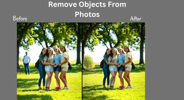 A-before-and-after-photo-showing-object-removal-from-a-group-photo-in-a-park-with-one-person-removed-from-the-background.