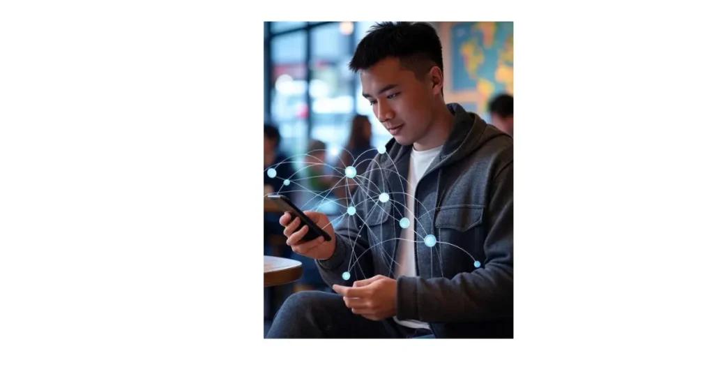 a-young-man-using-the-wifi-map-app-on-his-smartphone-to-discover-free-wifi-hotspots-with-a-global-coverage-map-and hotspot-points-shown-in-the-background