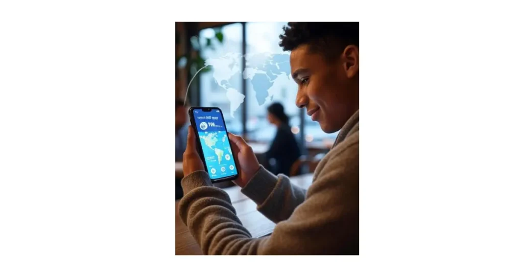 -young-man-using-the-wifi-map-app-on-his-smartphone-to-discover-free-wifi-hotspots-with-a-global-coverage-map-in-the-background