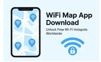 Illustration-of-a-smartphone-screen-showing-WiFi-hotspot-icons-on-a-map-promoting-the-WiFi-Map-App-download-to-unlock-free-WiFi-connections-worldwide