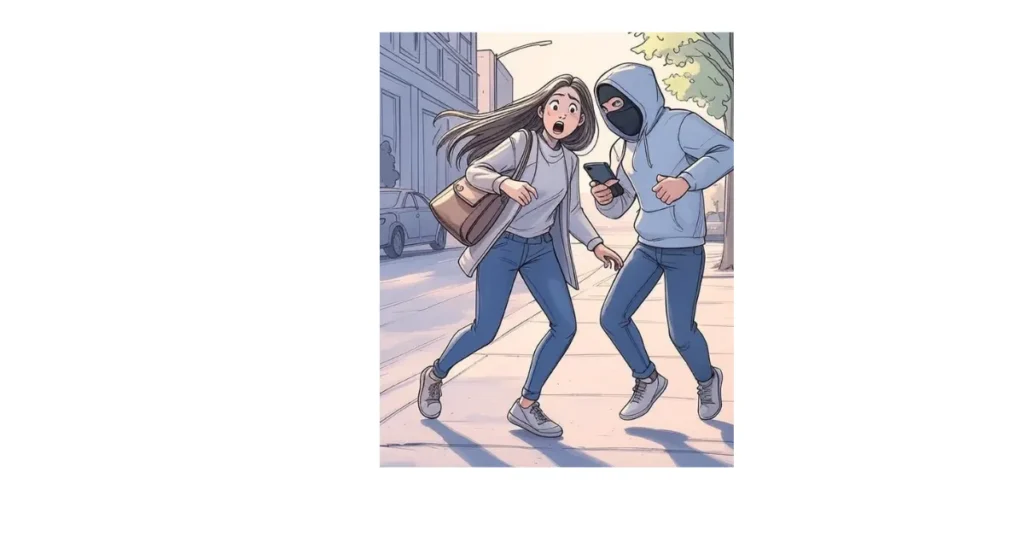 a-cartoon-depiction-of-Protect-Your-Smartphone-From-Theft-showing-a-hooded-robber-stealing-a-phone-from-a-surprised-woman-on-a-city-street-