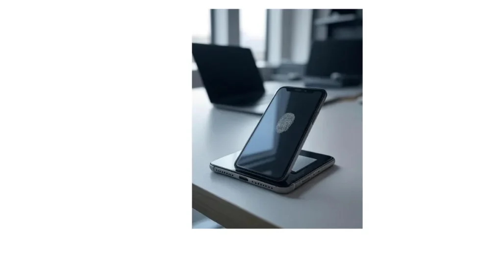 -a-smartphone-with-a-fingerprint-on-the-screen-placed-on-a-wireless-charger-on-a-desk-with-laptops-in-the-background-